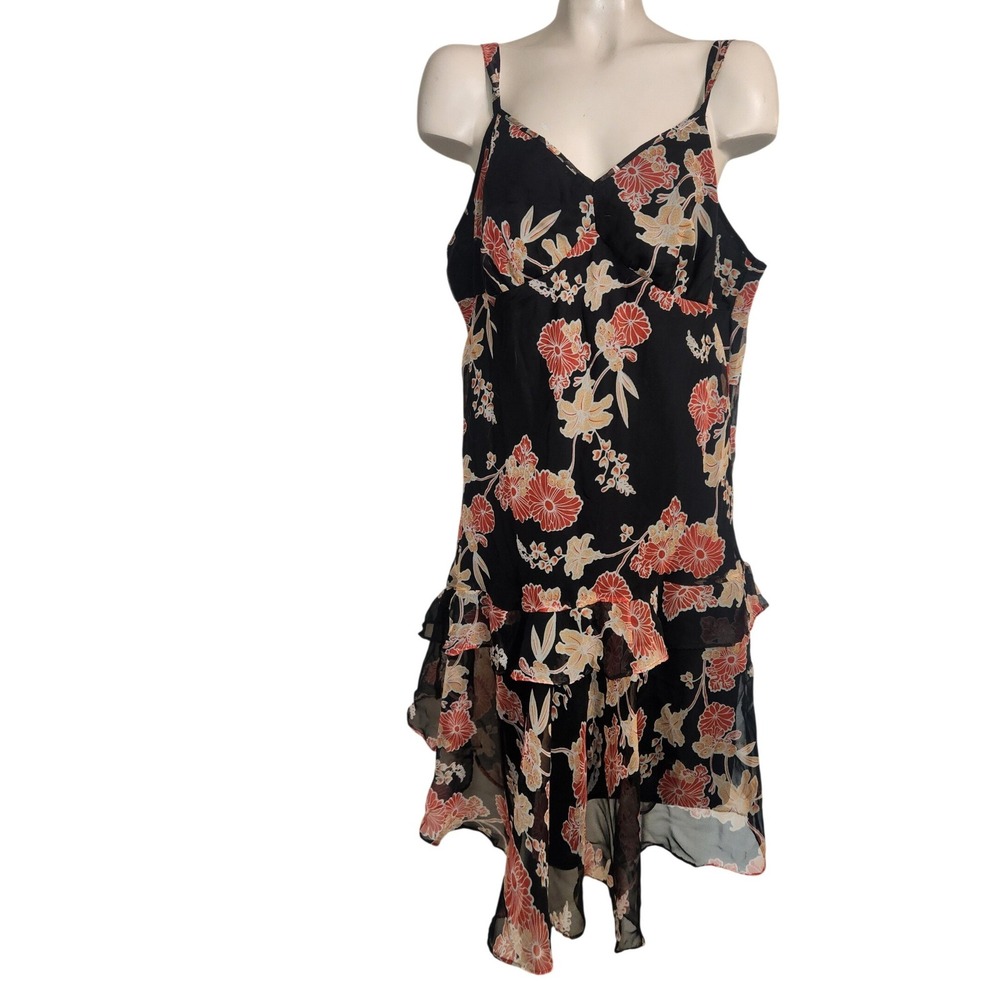 Mlle Gabrielle Floral Ruffle High Low Dress Black Orange Plus Size 16W V-Neck